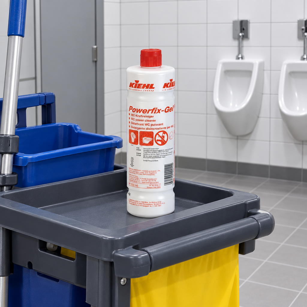 Kiehl Powerfix-Gel 1 L på rengøringsvogn ved urinaler i flisebeklædt toiletområde