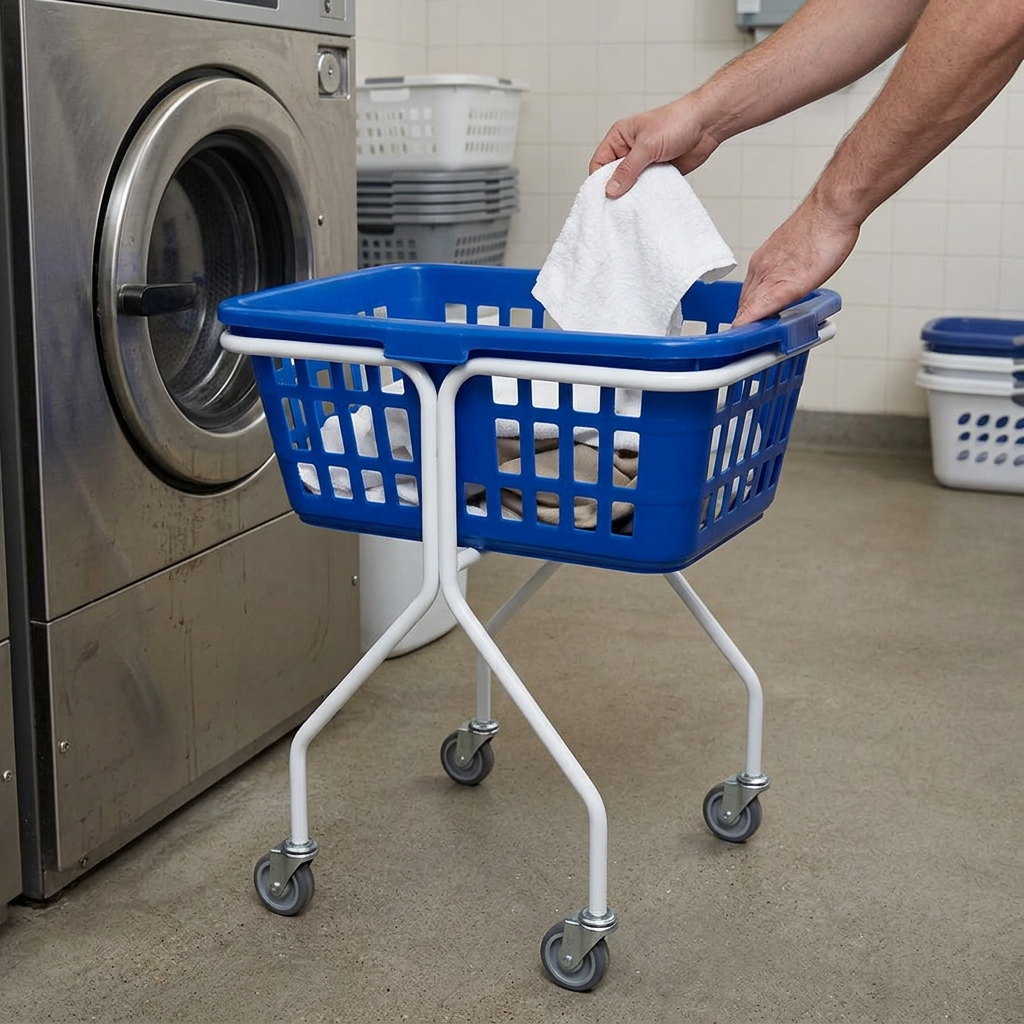 Tekstiler tages fra Tina Trolleys-vaskerivogn ved vaskemaskine