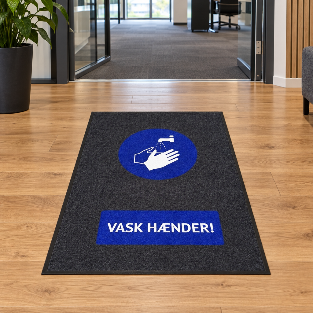 Vask Hænder-smudsmåtte på trægulv ved kontorindgang, genereret miljøbillede