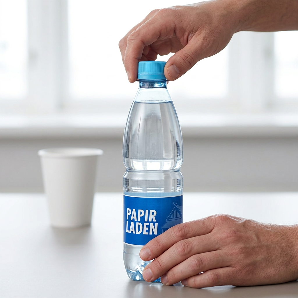 En hånd drejer det lyseblå låg på 0,5-liters logovand ved en kaffepause