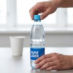 En hånd drejer det lyseblå låg på 0,5-liters logovand ved en kaffepause