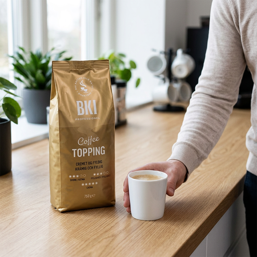 BKI Coffee Topping i kaffepausemiljø med en voksen, stemningsbillede