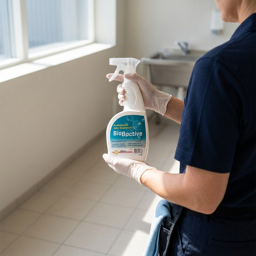 Stemningsbillede af medarbejder, der læser etiketten på BioBactive RTU