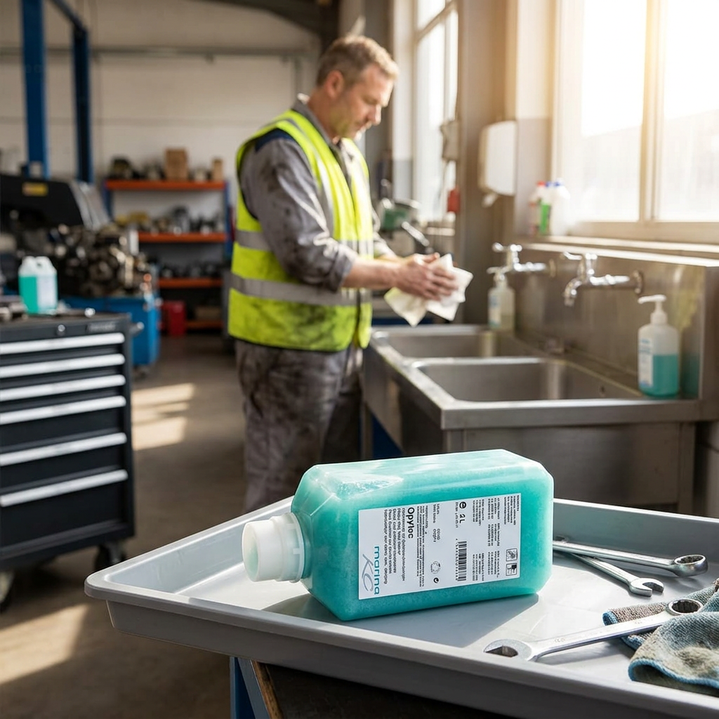 Kiehl Opytec refillflaske på en bakke i et sollyst værksted med en voksen ved håndvasken.