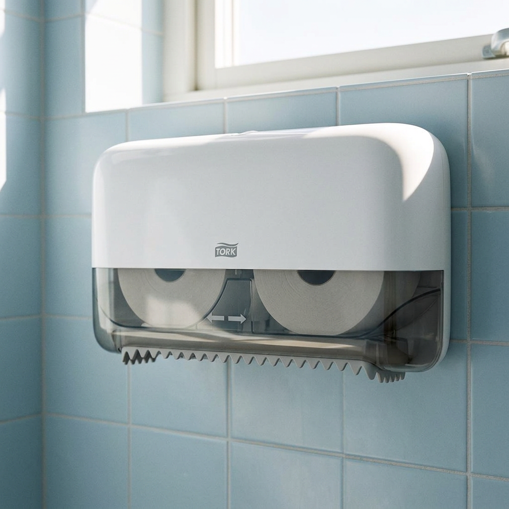 Hvid Tork Twin-dispenser ved personaletoilet med sol på blå fliser, miljøillustration.