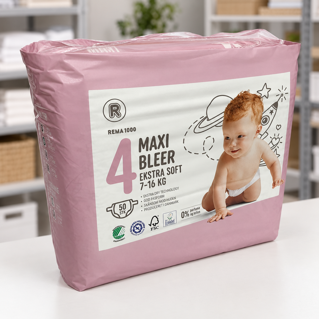 Miljøbillede med nærbillede af Rema 1000 Maxi 4 blepakke til 7–16 kg