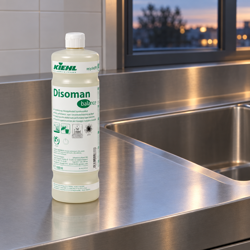 Kiehl Disoman Balance 1 L på stålbord ved opvaskens vask i aftenlys