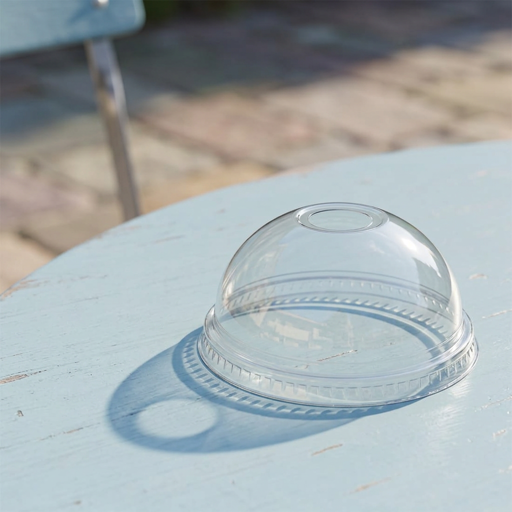 Klart kuppellåg på lyseblåt terrassebord i solskin