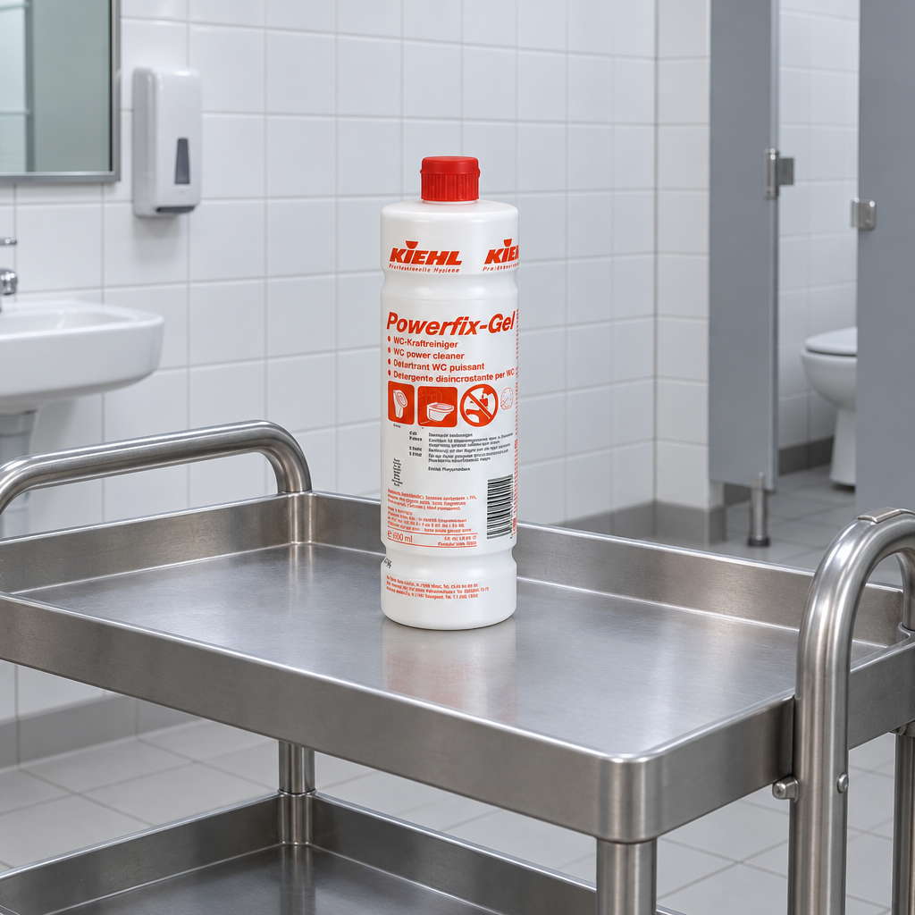 Kiehl Powerfix-Gel 1 L på stålvogn i professionelt toiletområde