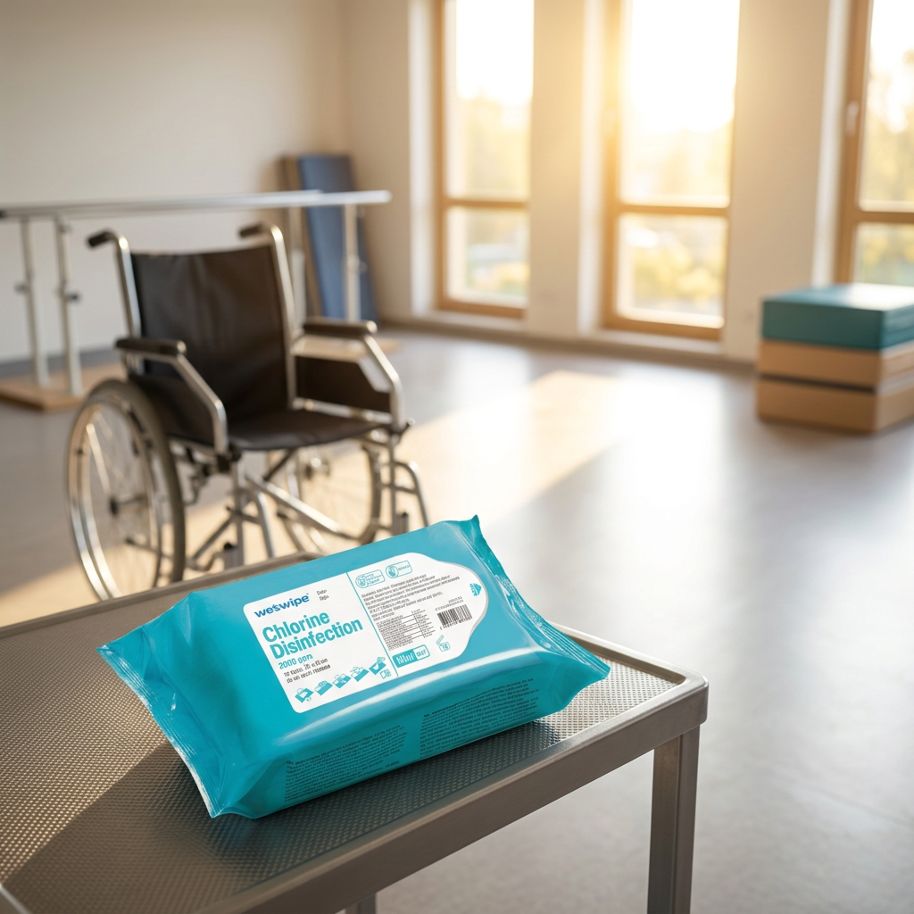 Miljøbillede: Wet Wipe Klorin Mini på rullebord ved kørestol i rehabiliteringsrum med solskin