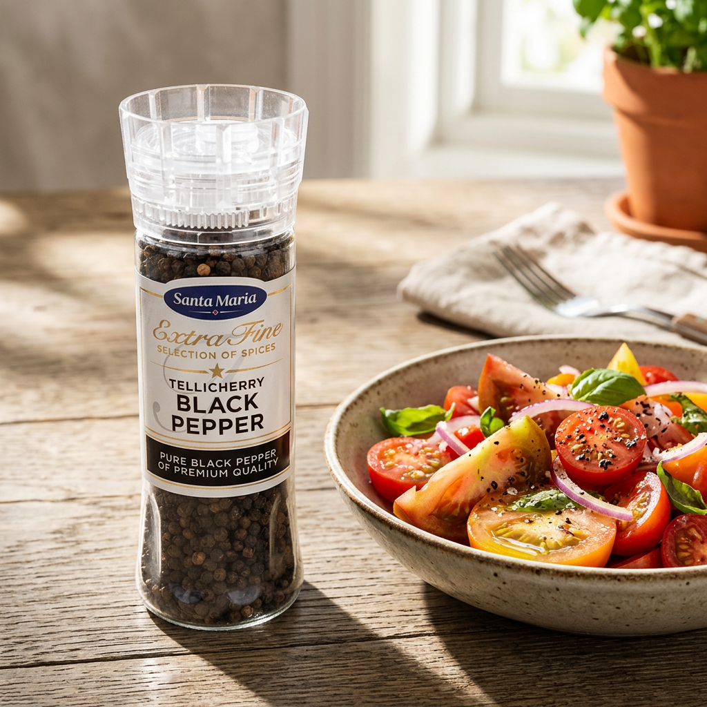 Santa Maria peberkværn ved tomatsalat i naturligt sollys