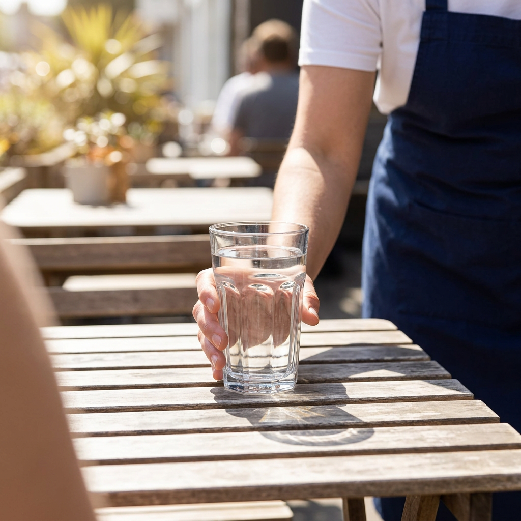 Servering af vand i et klart caféglas ved et solbeskinnet cafébord