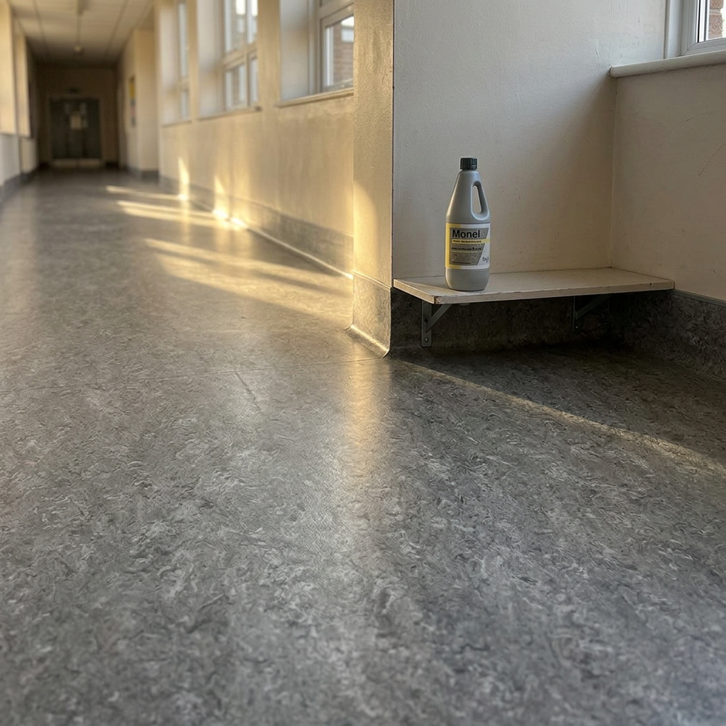 Forbo Monel på en lav hylde ved en sollyst skolegang med linoleumsgulv
