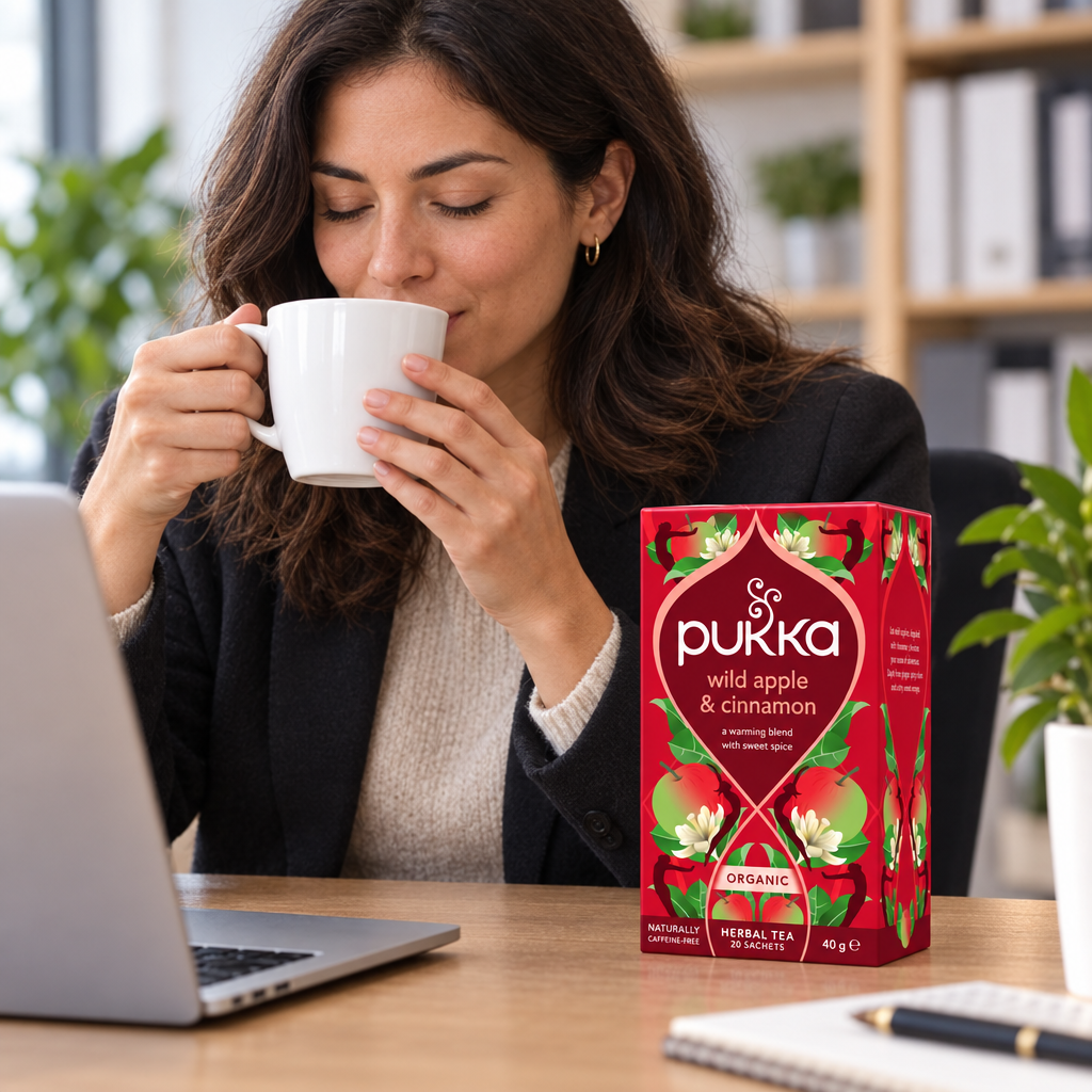 Voksen drikker te af et hvidt krus med Pukka Wild Apple & Cinnamon på kontorbordet