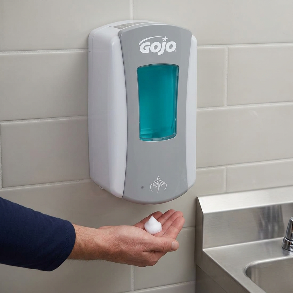 Hænder med en portion skum under berøringsfri GOJO LTX-12 sæbedispenser