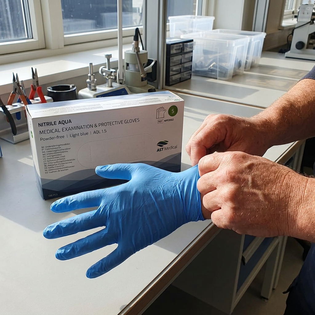 Voksen tager blå nitrilhandske på ved arbejdsbord
