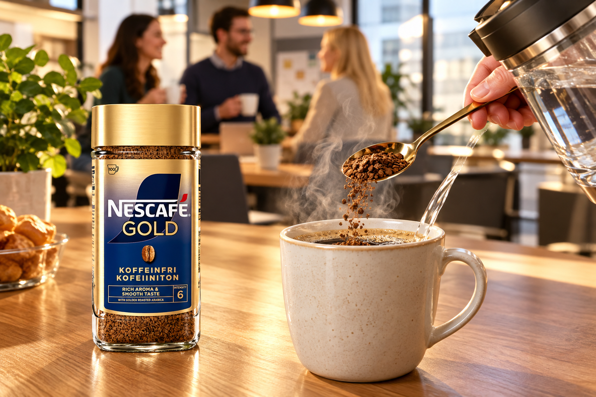 Miljøbillede, varenr. 3353: kaffe fra Nescafé Gold Koffeinfri skænkes op i kontorkøkken