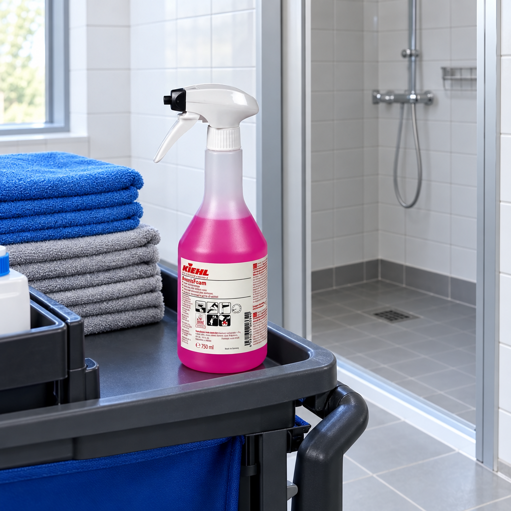 Kiehl AvenisFoam 750 ml på rengøringsvogn ved flisebeklædt baderum