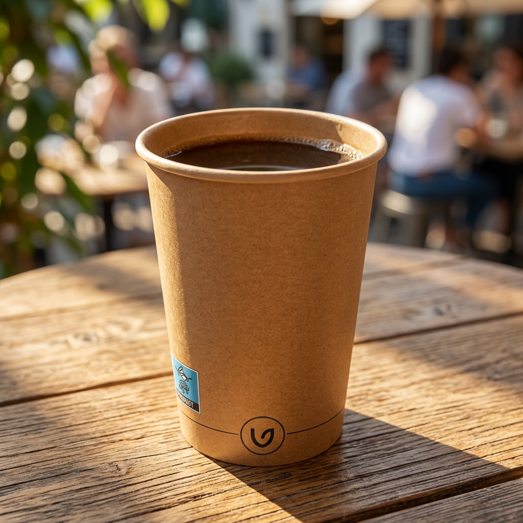 Brunt kaffebæger med kaffe på et solbeskinnet cafébord