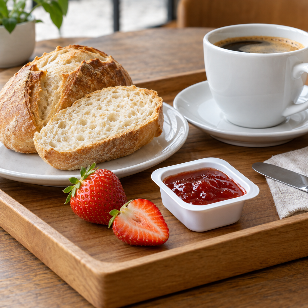 Stemningsbillede af jordbærmarmelade ved kaffe og brød