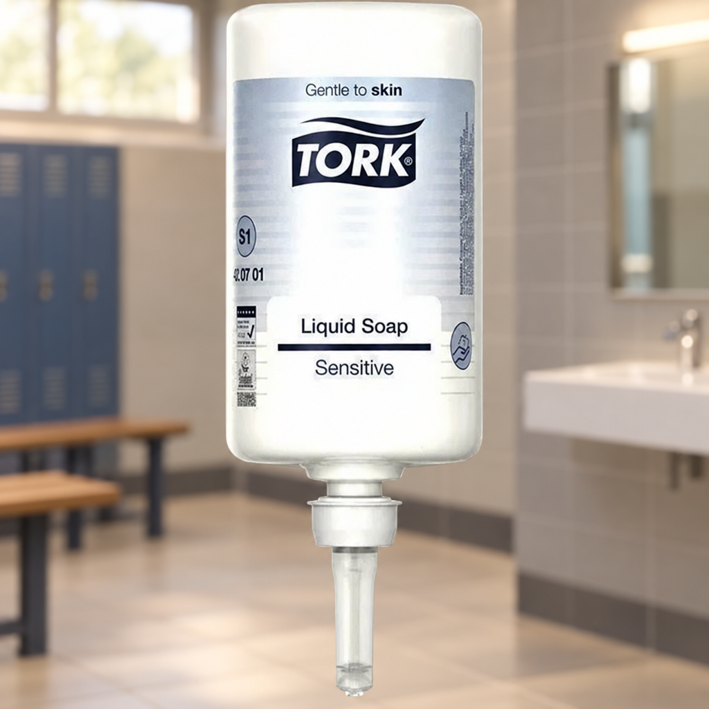 Tork S1 Sensitiv-refill med etiket og sportshallens personalefaciliteter i baggrunden