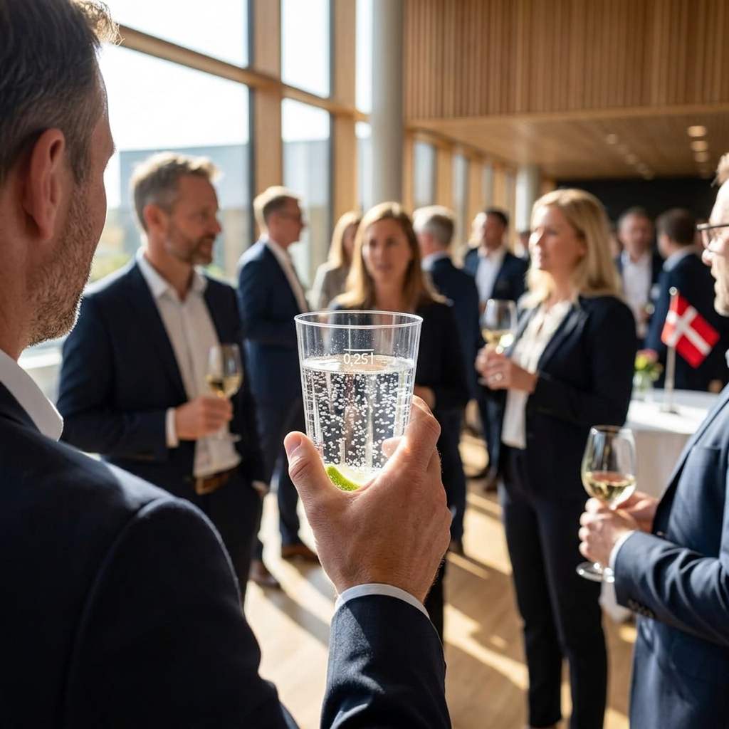 Voksen gæst med et klart plastglas danskvand ved en lys reception