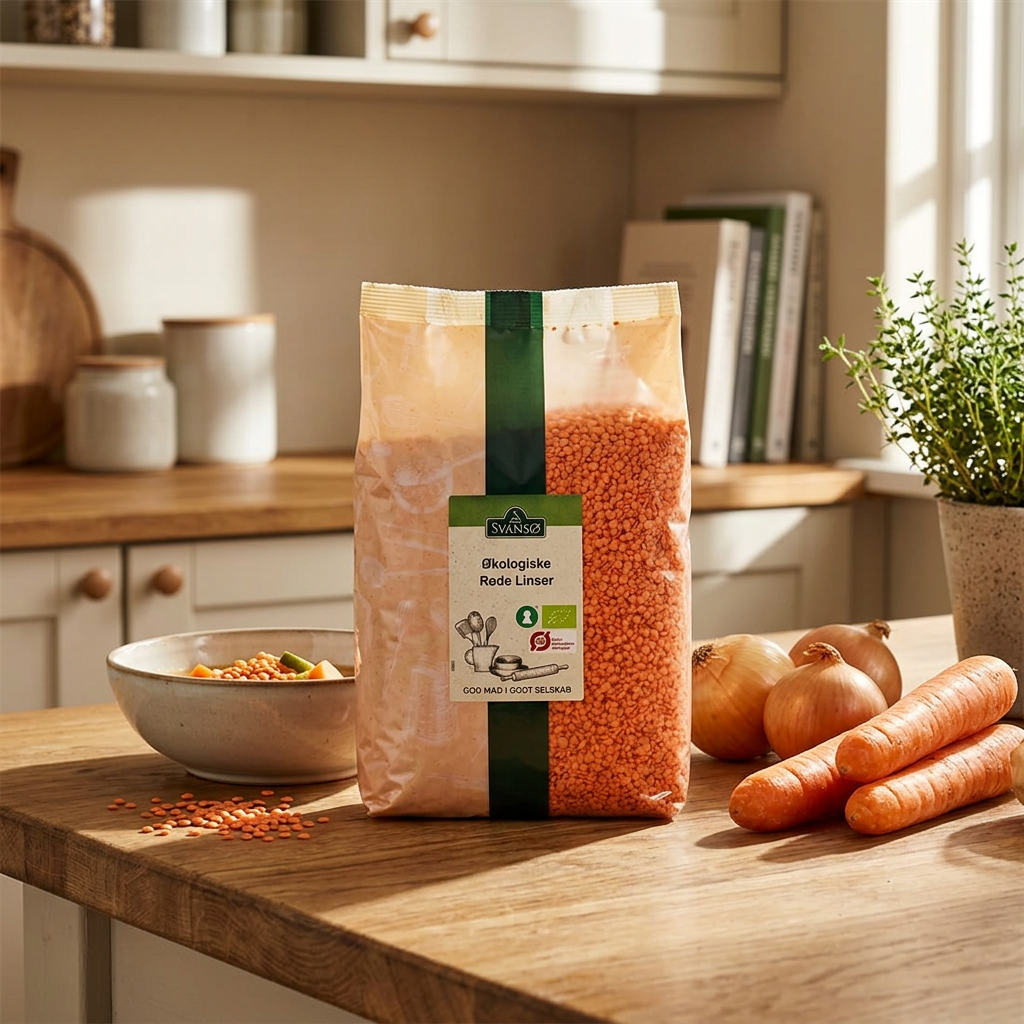 Svansø røde linser ved grøntsager og suppe i sollyst køkken