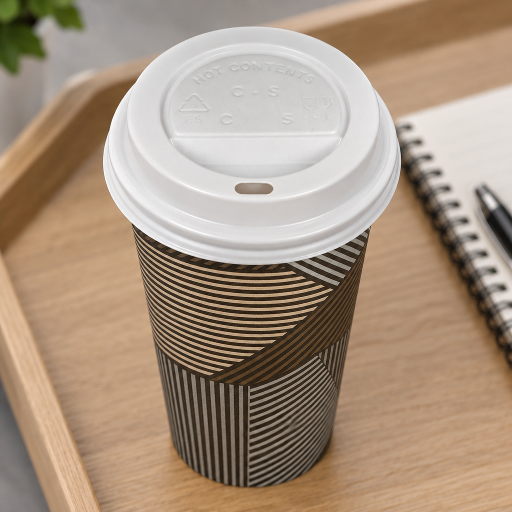 Hvidt låg på Enjoy-kaffebæger på bakke ved notesbog
