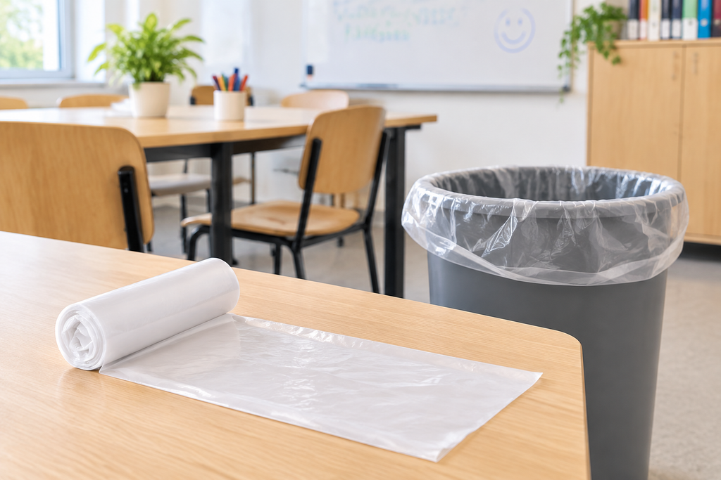 Miljøbillede, varenr. 6018: papirkurv med klar affaldspose og rulle affaldsposer i klasselokale på institution