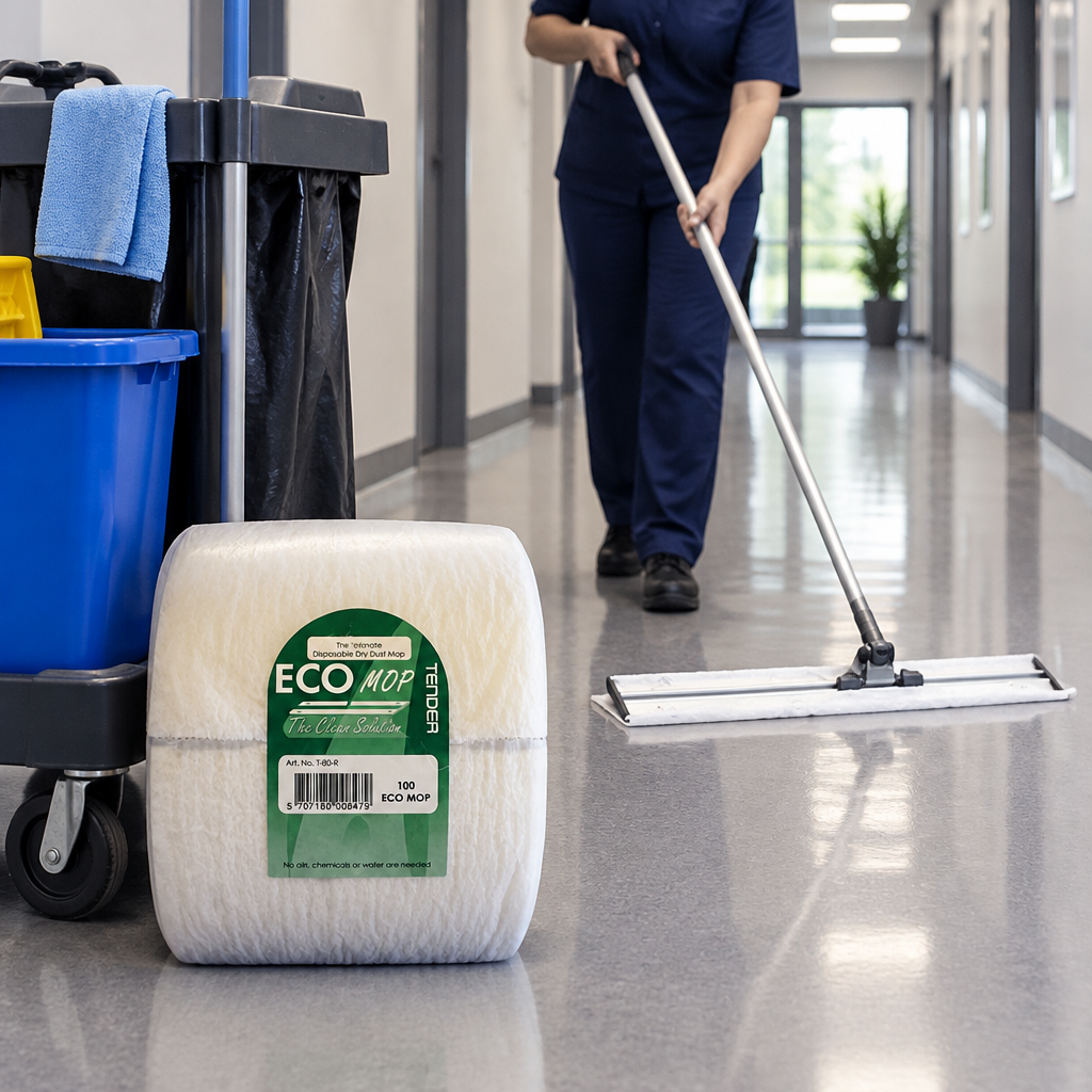 ECO MOP-rulle ved rengøringsvogn under tørmopning i gang