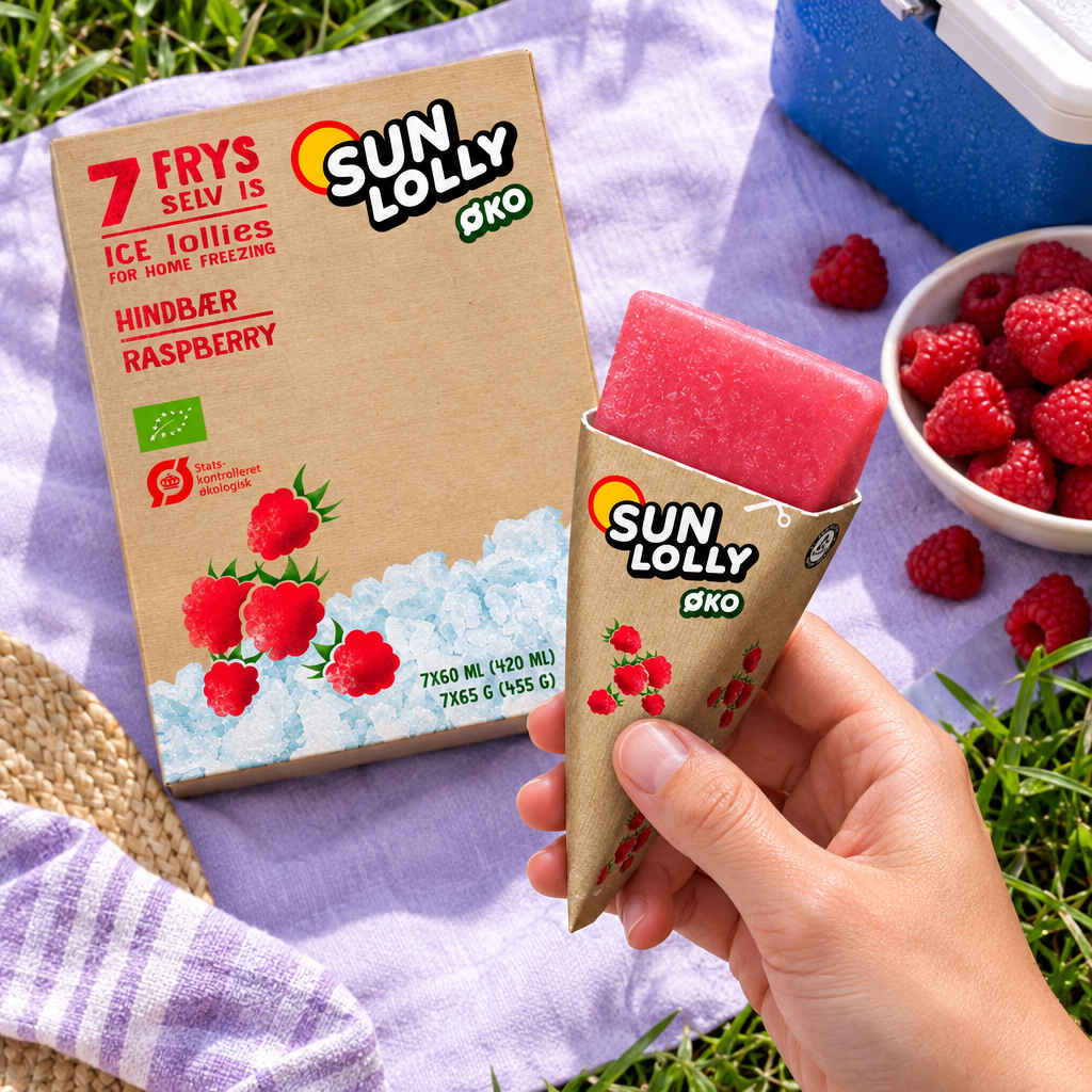 Sun Lolly ØKO Hindbær-æske og åbnet is på lilla picnictæppe