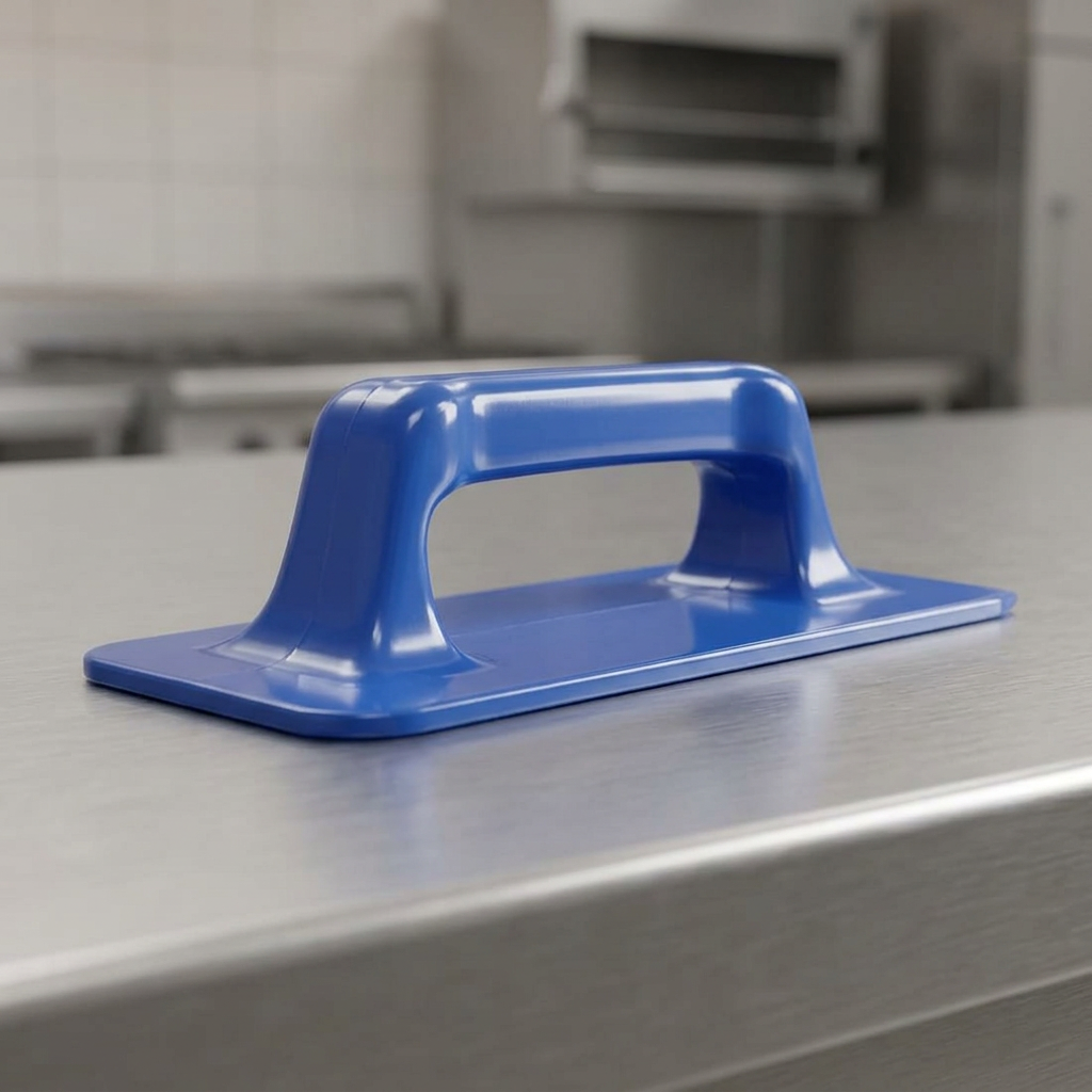 Padholder med håndgreb på stålbord i køkkenets serviceområde