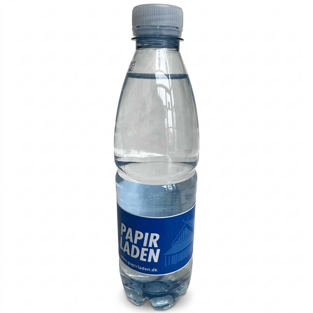 Logovand i 0,5 liter flaske med Papirladens blå eksempeletiket på hvid baggrund