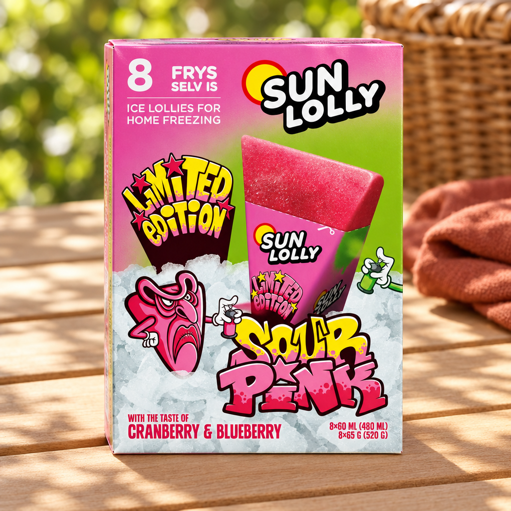 Sun Lolly Sour Pink-æske på picnicbord i skoven