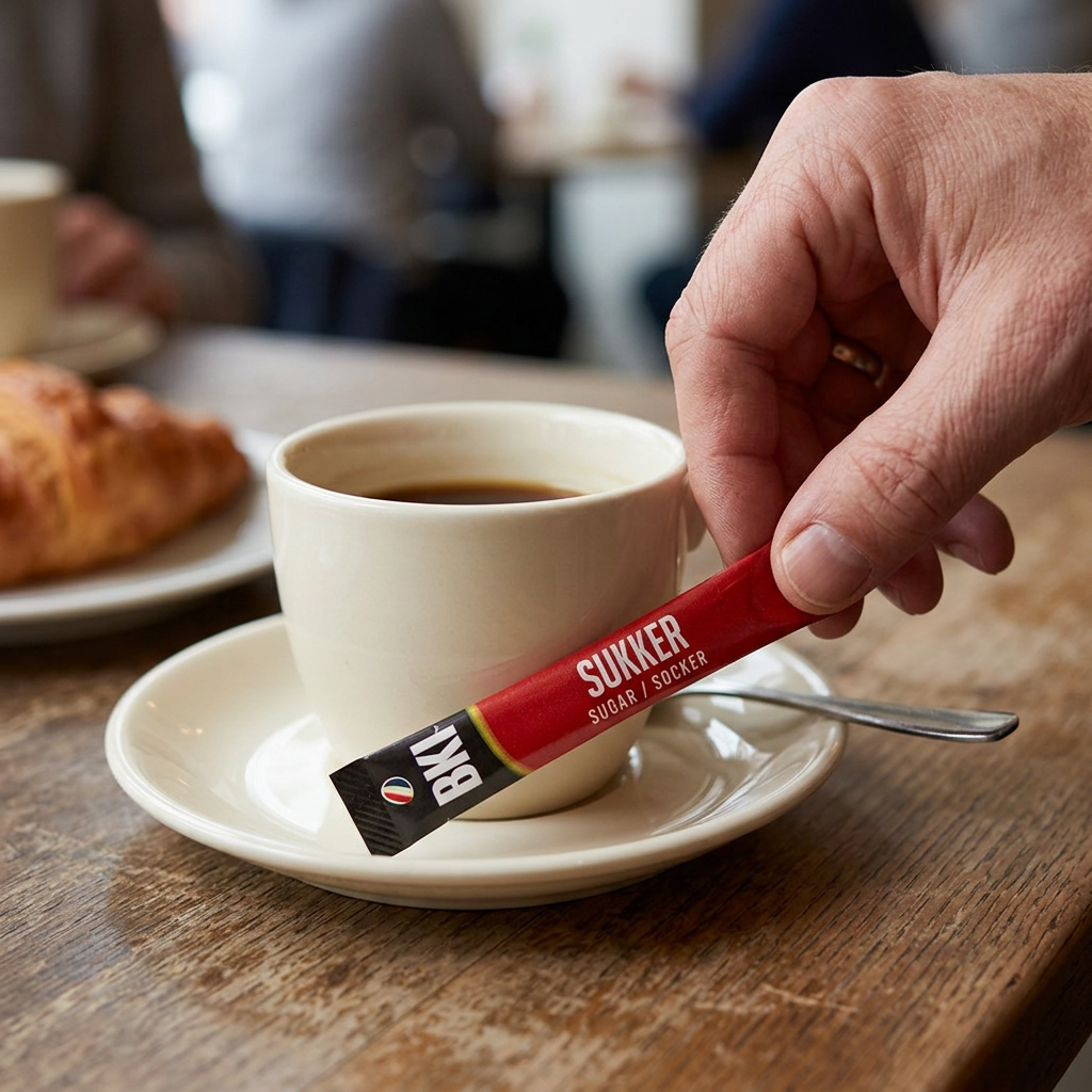 Hånd holder BKI sukkerstick ved kaffekop på café