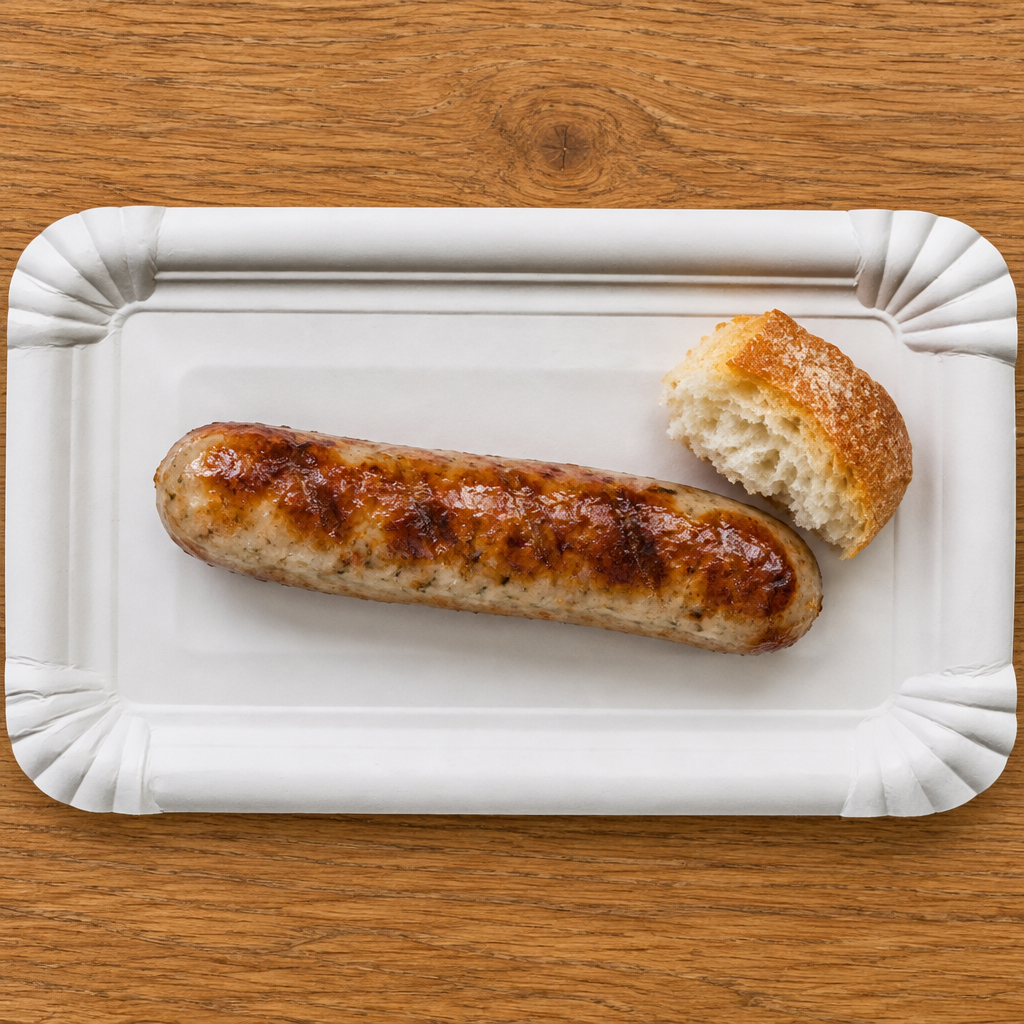Hvid pølsebakke i pap med grillet pølse og brød
