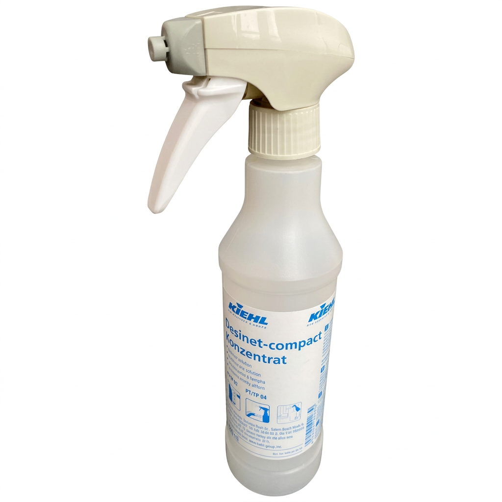 Kiehl Desinet-compact tom 500 ml-flaske på hvid baggrund, vist med separat sprayhoved
