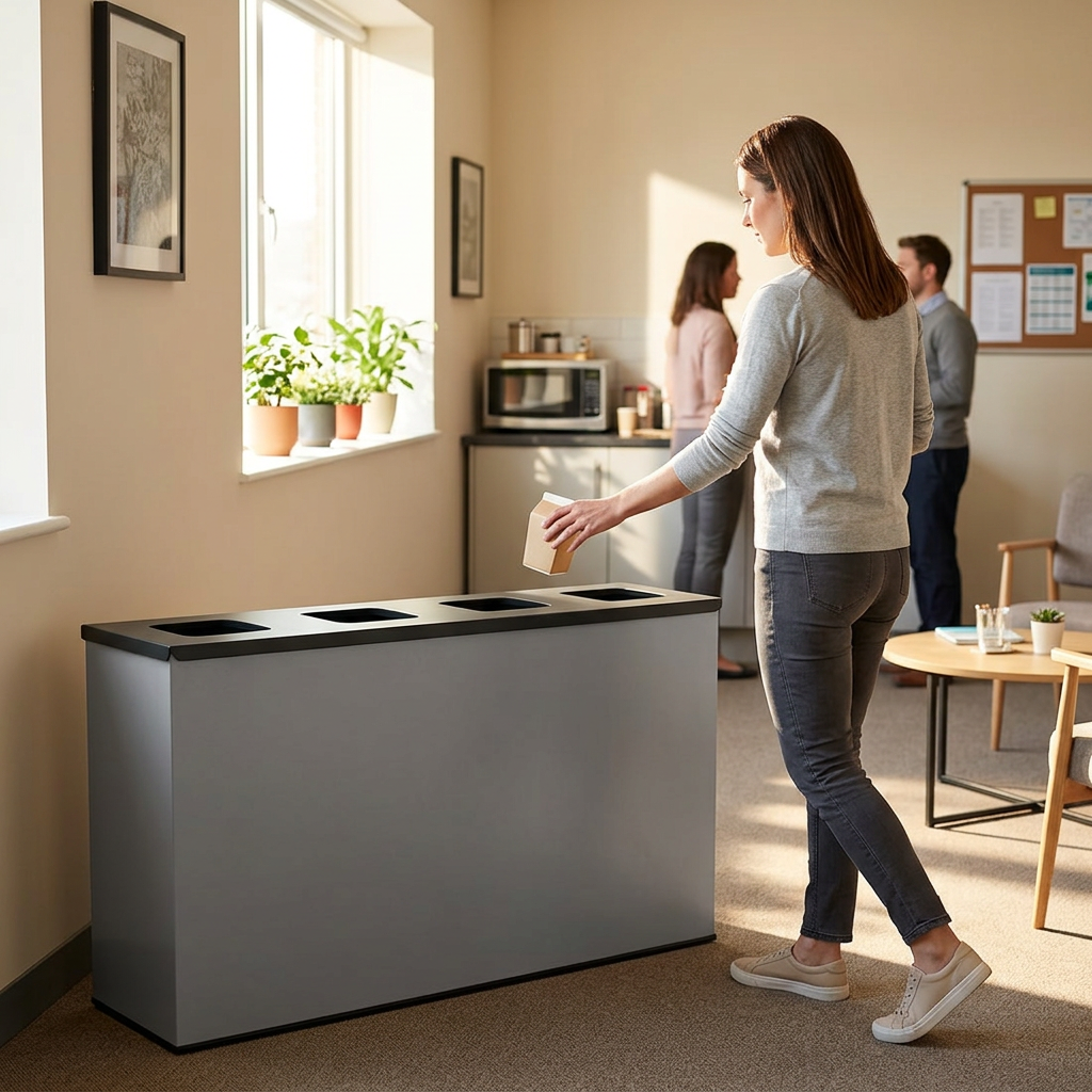 Voksen med karton ved EcoStation med fire rum i solbelyst opholdsrum