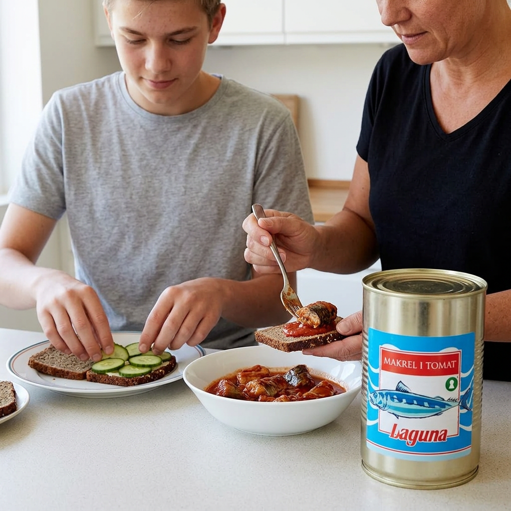 Voksen og teenager anretter rugbrød med makrel i tomat og agurk