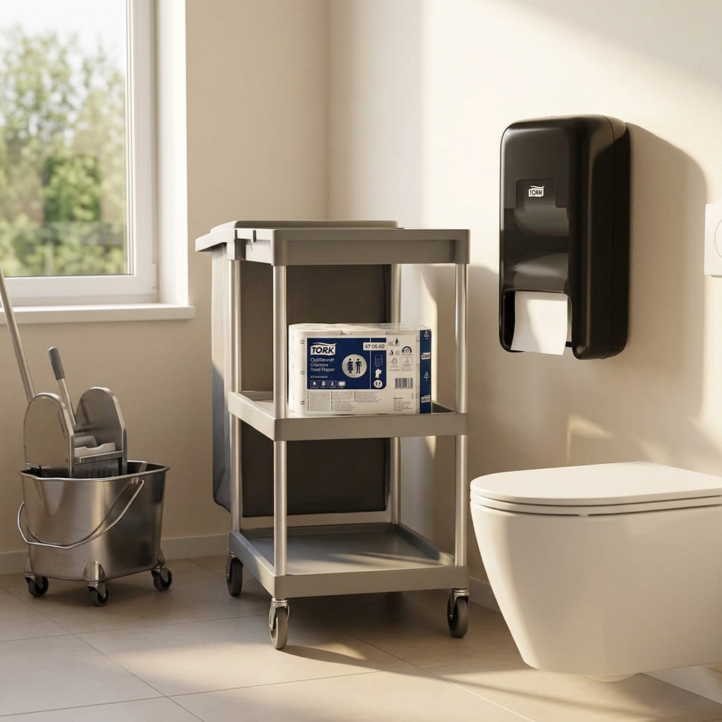 Sort Tork OptiServe 558042 dispenser med separat pakke Tork 472630 toiletpapir. Papiret købes separat.