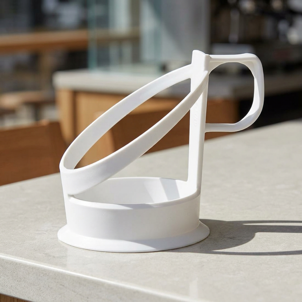 Hvid kopholder ved cafédisk i sollys
