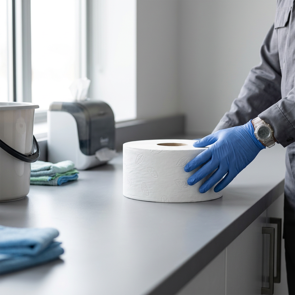 Medarbejder med blå handsker håndterer Tork Mini Jumbo-toiletrulle på arbejdsbord