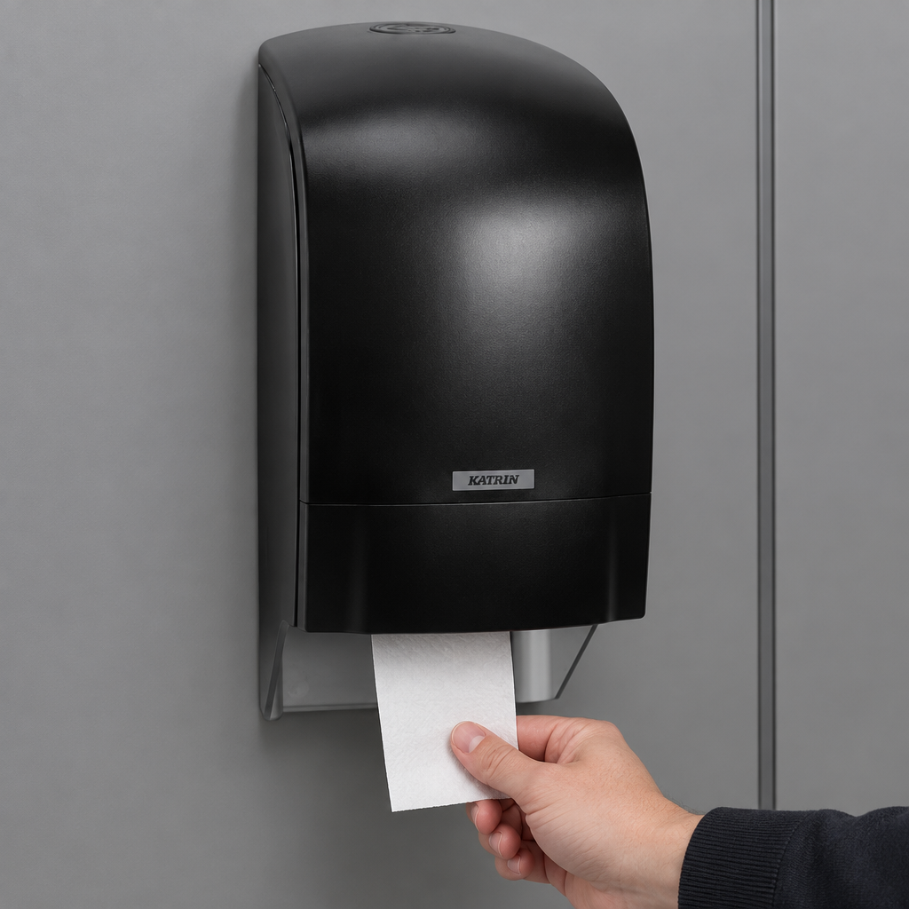 Person tager papir fra sort Katrin System-dispenser i toiletrum