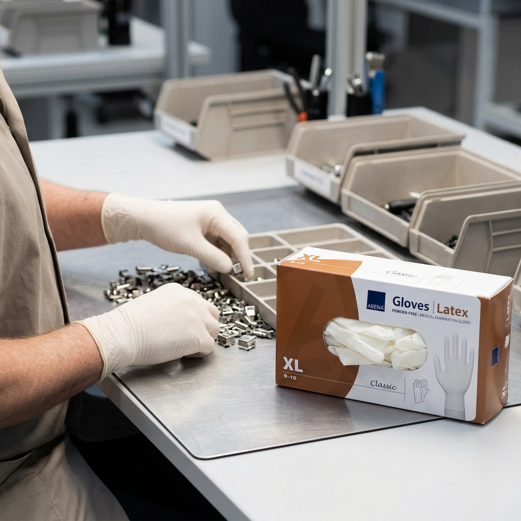 Voksen medarbejder med latexhandsker sorterer små dele