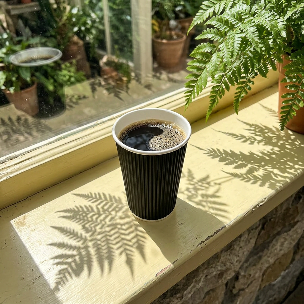 Sort Ripple Wall kaffebæger med kaffe i solrig vindueskarm med bregneskygger