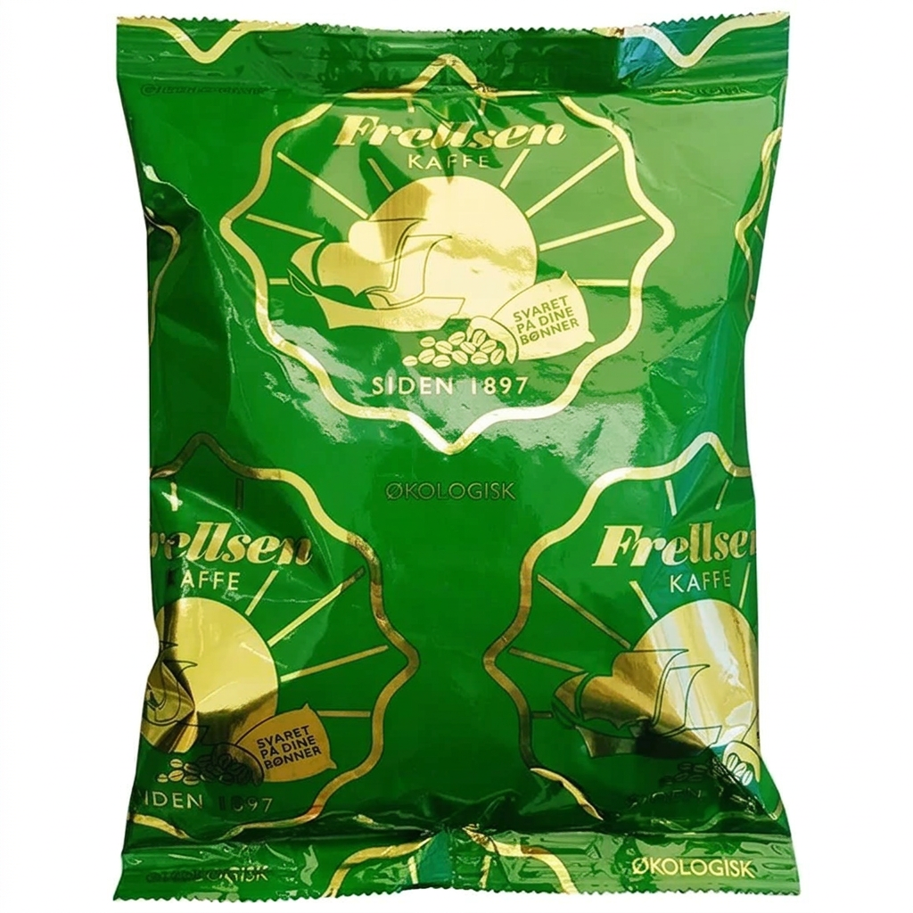 Frellsen Økologisk formalet kaffe, 500 g, grøn pose fritlagt på hvid baggrund