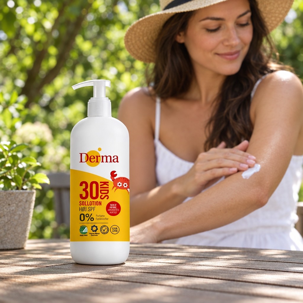 Derma Kids SPF30 med voksen der fordeler lotion på armen