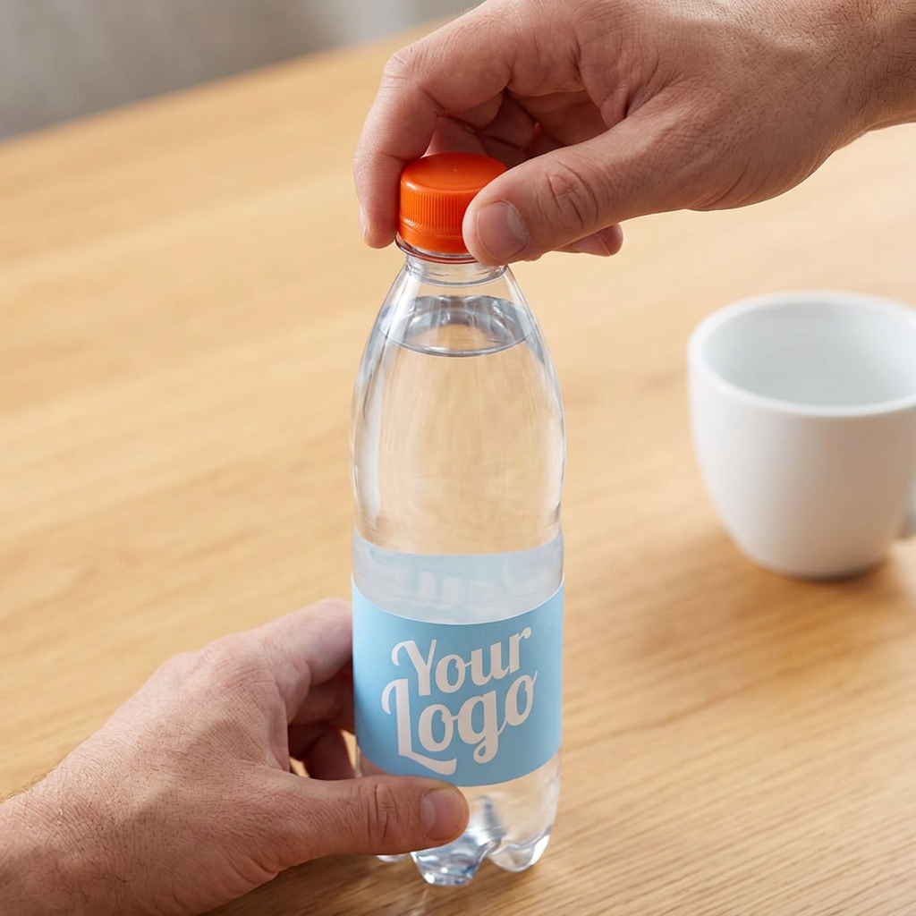 En hånd drejer det orange låg på 0,5-liters logovand ved en kaffepause