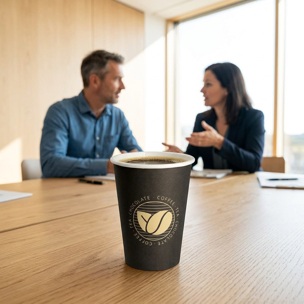 Beans-kaffebæger 36 cl med kaffe på mødebord med to voksne kolleger i baggrunden