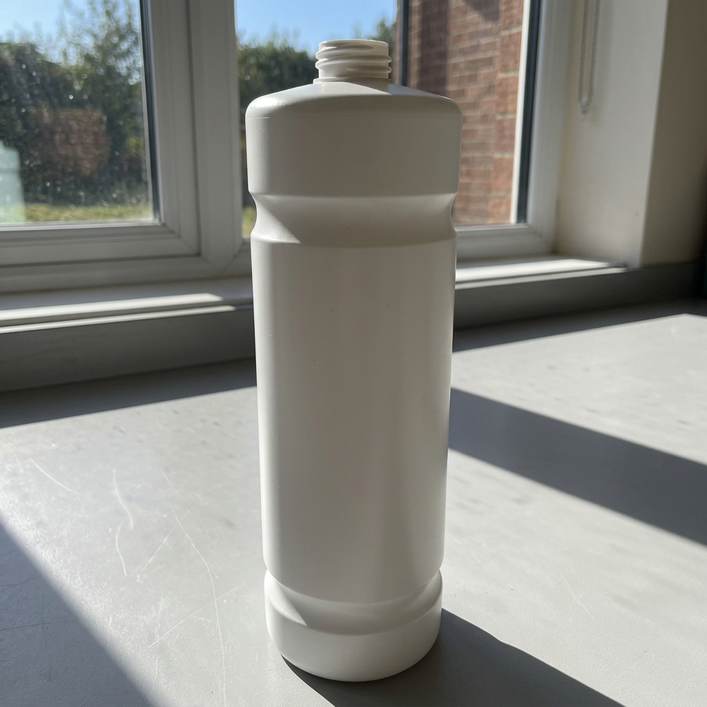 Hvid Kiehl refillflaske uden låg på sollyst arbejdsbord